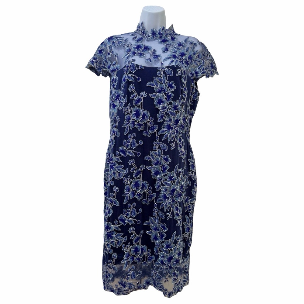 Tadashi Shoji Lace Applique‎ Cap Sleeve Cocktail Mini Dress Size 14 Navy Blue